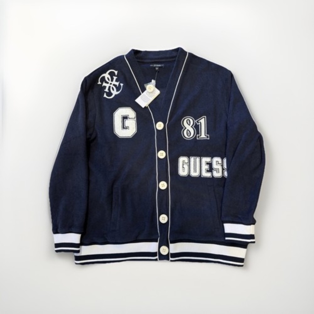 NWT Guess Noele Boucle Varsity Cardigan Navy Medium Academia Patch Sports Preppy